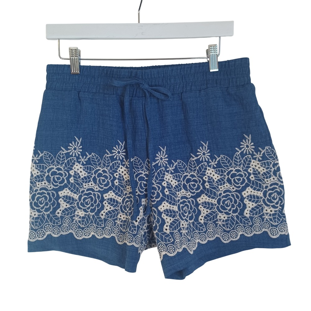 Wren New York Womens Blue Floral Eyelet Lace Embroidered Shorts Med Drawstring